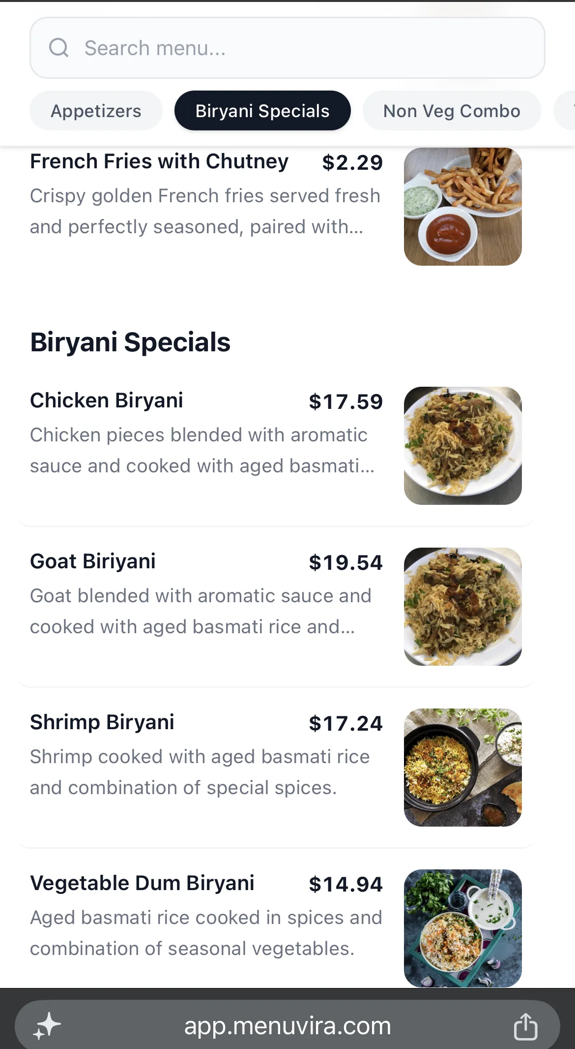 Biryani Specials section showing Chicken Biryani, Goat Biryani, and Shrimp Biryani with photos and prices