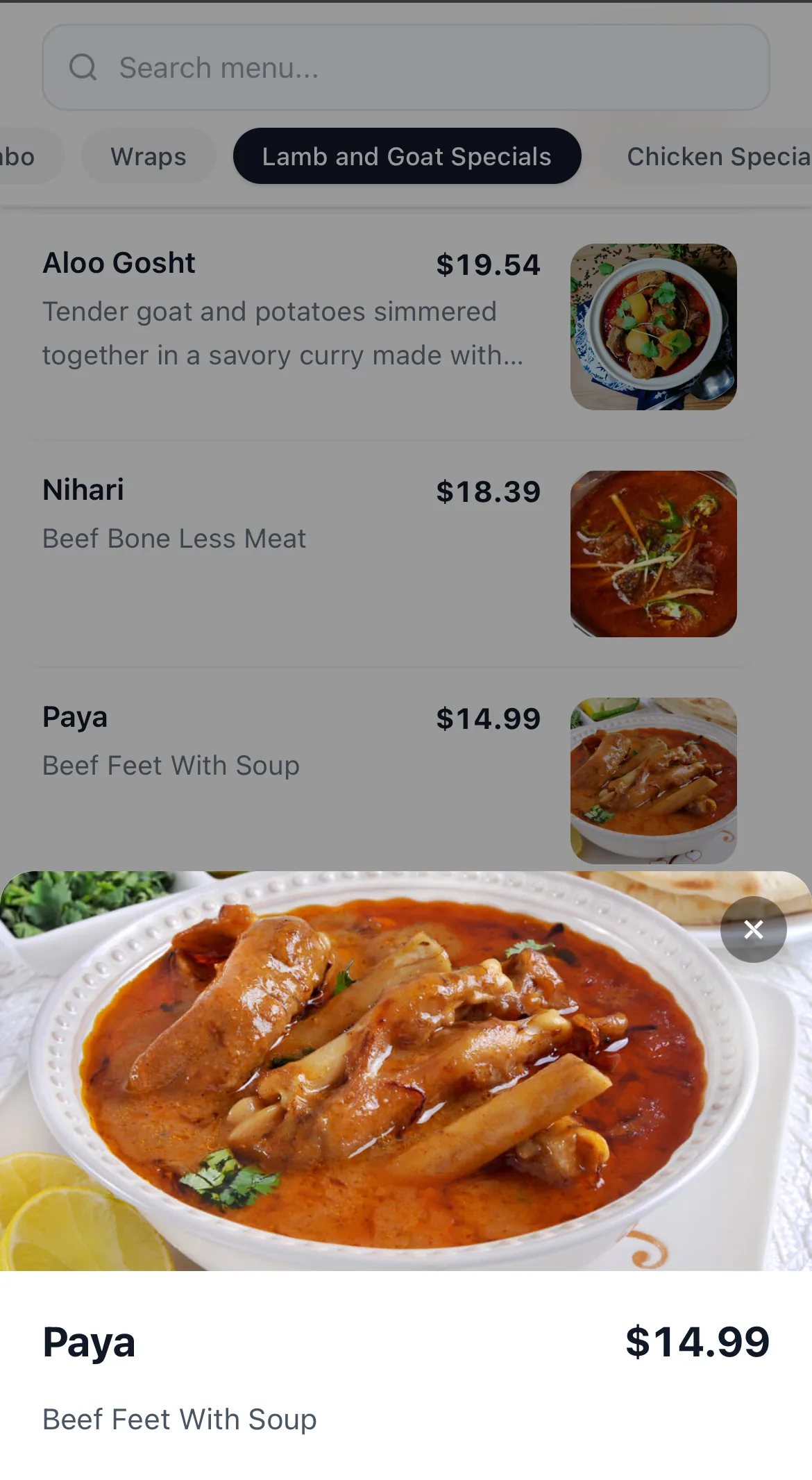 Item detail view showing Paya (Beef Feet With Soup) with large food photo, price $14.99, and Halal certified badge
