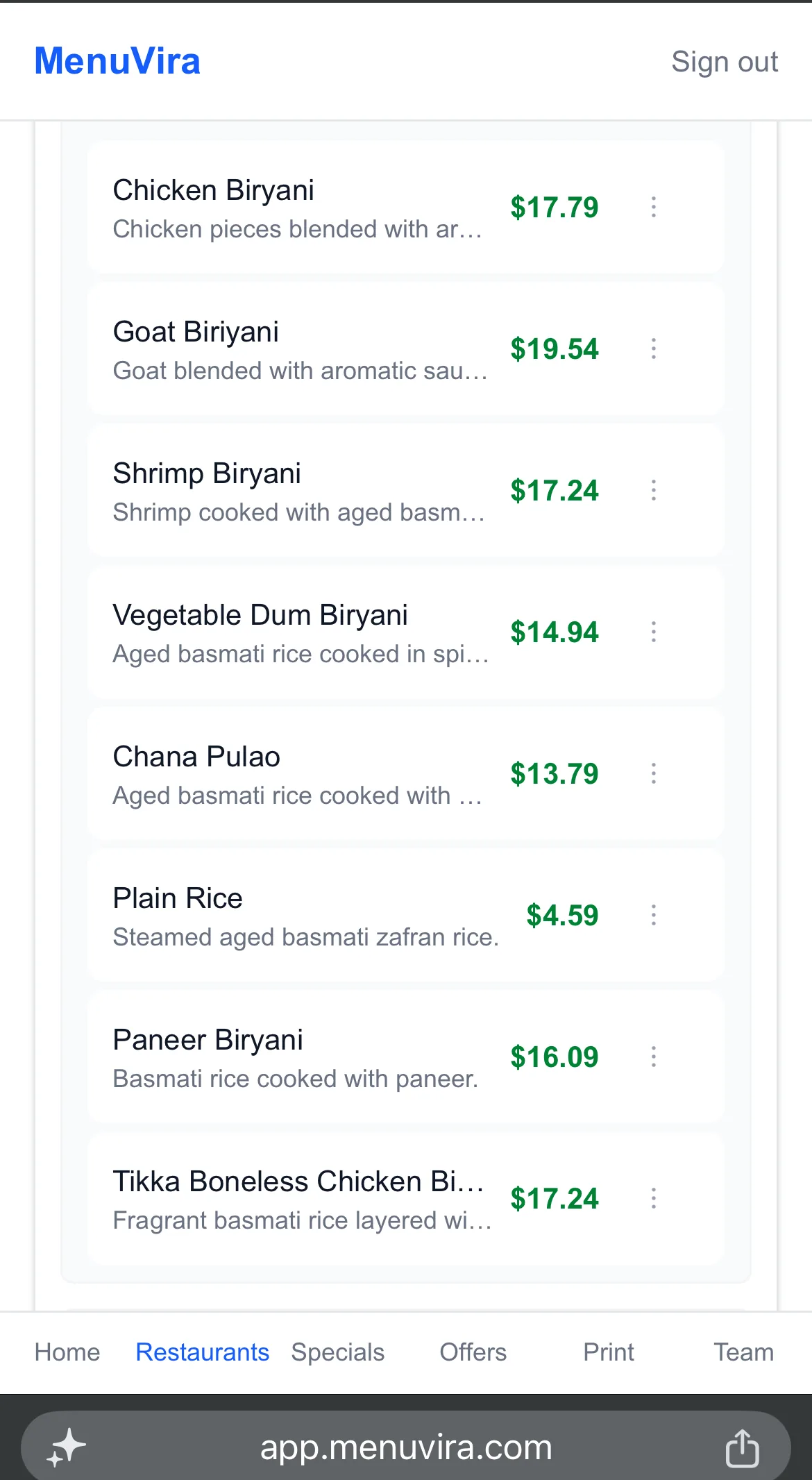 Menuvira Manage Menu on mobile showing Biryani items with prices and edit controls