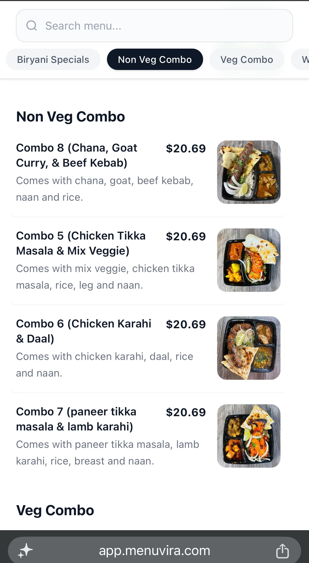 Customer menu showing Non Veg Combo items with photos and prices