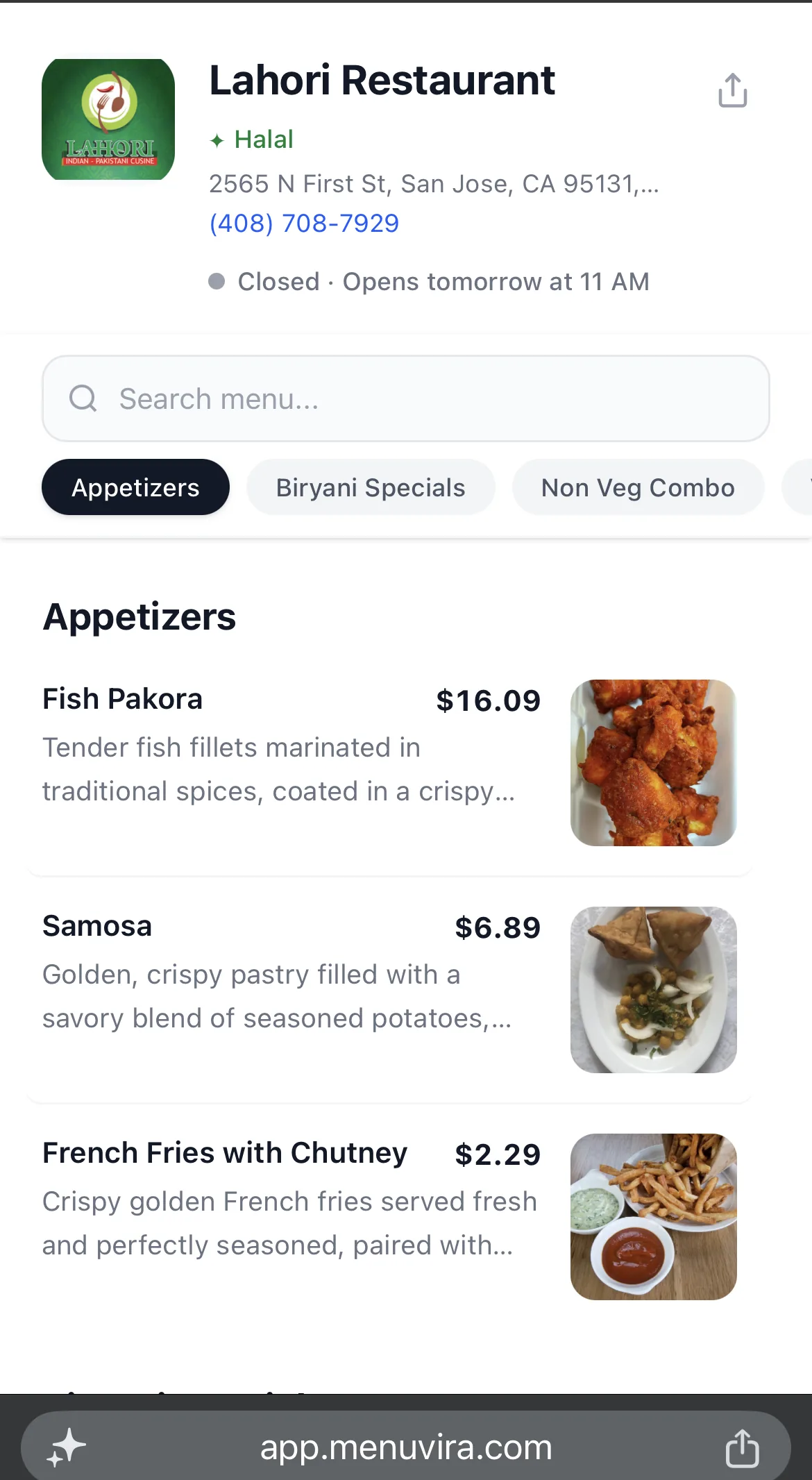 Lahori Restaurant mobile menu showing appetizers with food photos, prices, and category navigation